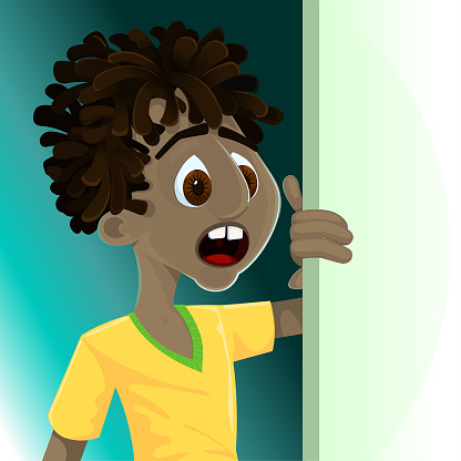 Amazement on His Face - Black Boy in Yellow-Green Shirt. Wide-Eyed Wonder. Secret Behind the Door - Boy's Discovery