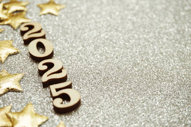 Happy New year 2025 with space copy on silver glitter background