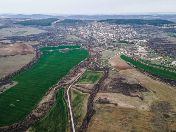 istock Aerial view of green agricultural fields in spring. 2150611937
