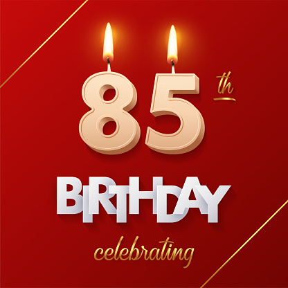 Birthday 85 number candles with fire for anniversary vector illustration. 3D realistic beige wax numbers twenty with candlelight, white and gold font on red background for invitation, greeting card.