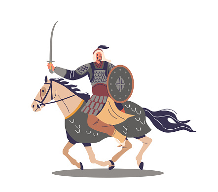 Mongol Warrior With A Sword Riding On Horseback. Asian Conqueror Character Raising His Saber High, Symbolizing Leadership And Bravery In Ancient Battles. Cartoon People Vector Illustration