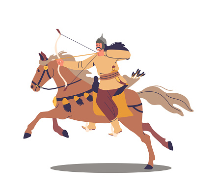 Asian Mongol Lone Archer Riding On Horseback Drawing His Bow, Poised To Release An Arrow, Exemplifying The Solitary Focus And Skill Of An Ancient Warrior Character. Cartoon People Vector Illustration