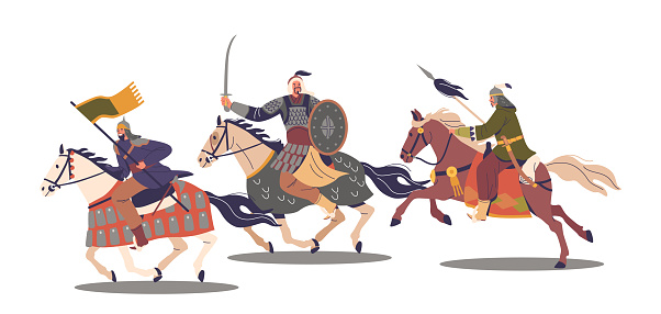 Powerful Charge Of Armored Asian Mongol Warrior Characters On Horses, Brandishing Weapons With A Display Of Aggressive Combat Tactics From A Historical Context. Cartoon People Vector Illustration