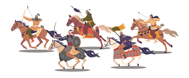 Mounted Asian Warriors, Dynamic vector Scene of Ancient Mongol Warriors Group On Horseback In Battle-ready Poses, Armed With Bows, Spears, And Swords, Signifying A Scene From Historical Warfare