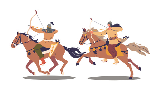 Two Mongol Archer On Horseback, Captured Mid-action. Asian Characters Aim Their Bows, Reflecting The Agility And Skill Of Ancient Cavalry Archers In Battle Warfare. Cartoon People Vector Illustration