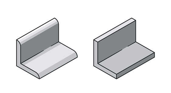 Two Angled Metal Profiles. Constructions with Bent L-shape and Reflective Surface. Steel Or Aluminum Items Used In Construction Or Manufacturing For Structural Support, Vector 3d Isometric icons
