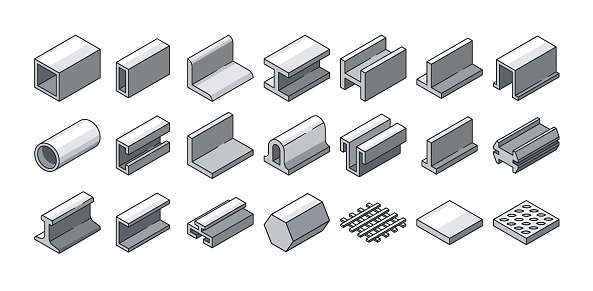 Steel Or Metal Products Vector Icons Set. Pipes, Beams, Bars, Girder Structures. Iron, Stainless Metallurgy Industry Items With Square, Round, Flat Profile, Include Construction Rolls, Rebars and Rods