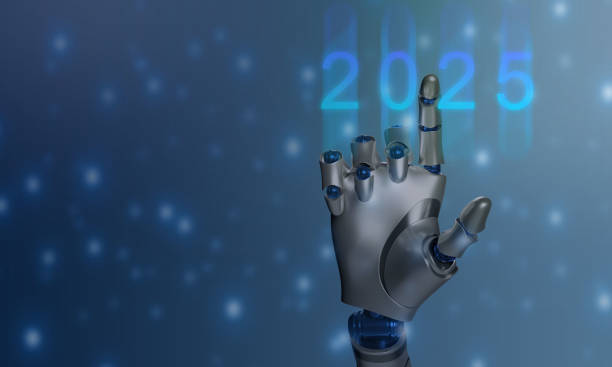 istock 2025 new year blue background wallpaper copy space robot cheerful touch screen pointing finger cyborg computer design celebration innovation future 2024 event holiday number winter season time techno 2150618156