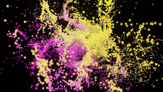Multicolored flying particles on a black background in 3D illustration