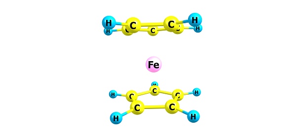 Ferrocene is an organometallic compound. The molecule consists of two cyclopentadienyl rings bound on opposite sides of a central iron atom. 3d illustration