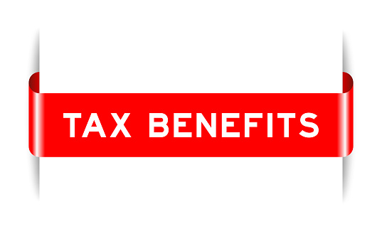 Red color inserted label banner with word tax benefits on white background