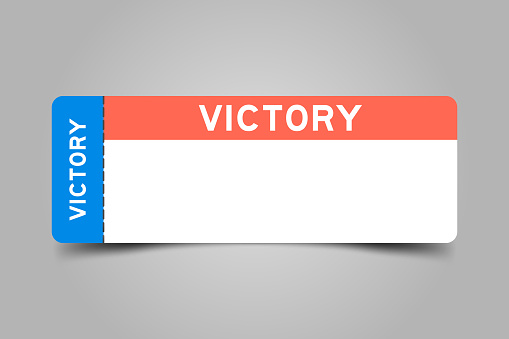 Blue and orange color ticket with word victory and white copy space