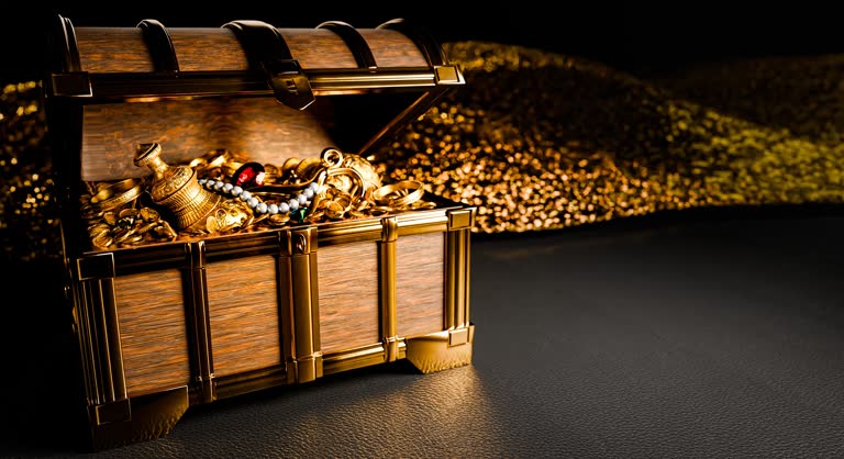 ancient treasures made of gold Packed in a retro treasure chest.