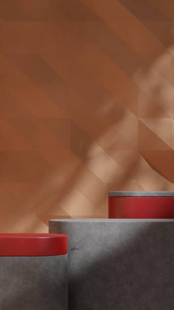 istock rendering 3d template mockup concrete textured podium in portrait red color and brown abstract wall 2150624889