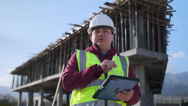 Smart engineer inspecting a construction site with a drawing on a digital tablet.