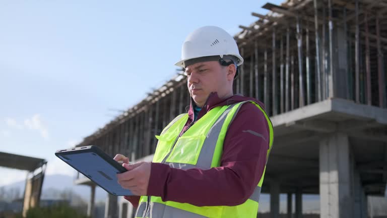 Construction worker using digital tablet with pen