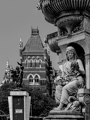 03 31 2024 Black and White Photo of Vintage Old Heritage Statyue at Foral Fountain, Fort,MUmbai Maharashtra India.Asia..