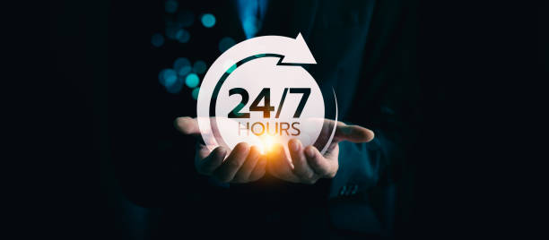 istock Customer service, nonstop service concept. service or activity will operate or be provided continuously without interruption throughout the day or week, 24 hours a day and 7 days a week. 2150636555