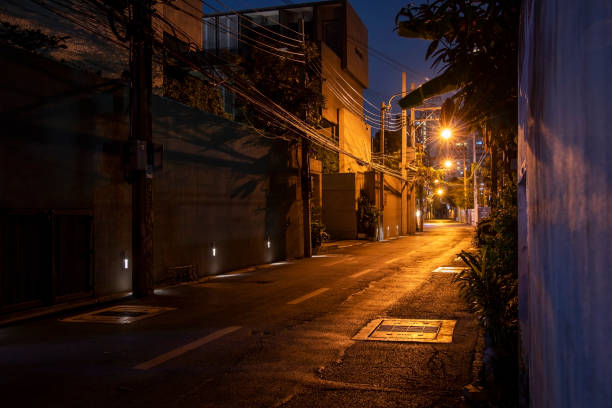 istock empty night alley with street lighting lanterns 2150638820