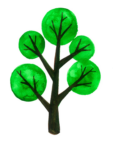 Stylized tree isolated on white background. Watercolor. Green circles on straight black green branches. The trunk and branches are made of straight, tapering lines. Different shades of green.