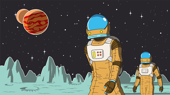 A retro style vector illustration of two astronauts walking on a new planet. Wide space available for your text. Easy to grab and edit.