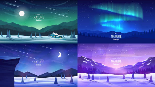 ilustrații de stoc cu peisaje montane de iarnă. - aurora polaris