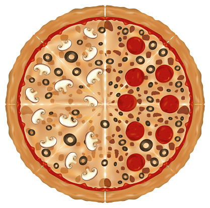 Vector illustration of a pizza with various toppings.