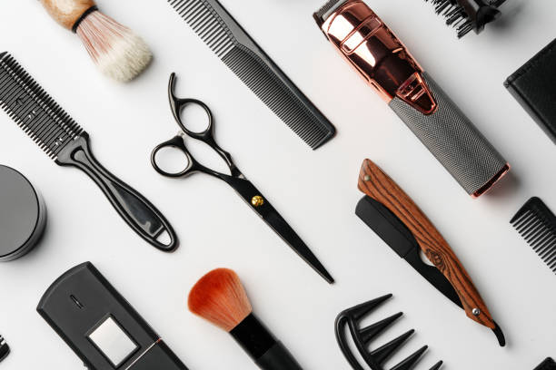 istock Pattern of various shaving and bauty care accessories for men on gray background 2150643021