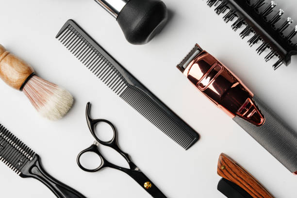 istock Pattern of various shaving and bauty care accessories for men on gray background 2150643190