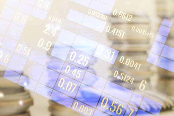 Abstract virtual stats data hologram on stacks of coins background. Multiexposure