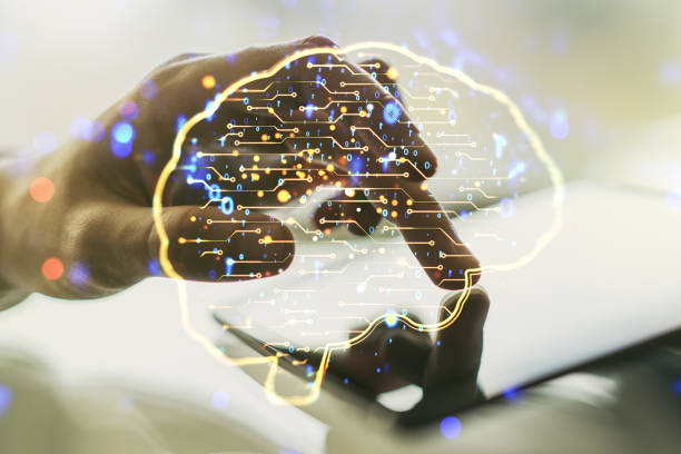 istock Double exposure of creative human brain microcircuit and hand working with a digital tablet on background. Future technology and AI concept 2150644220