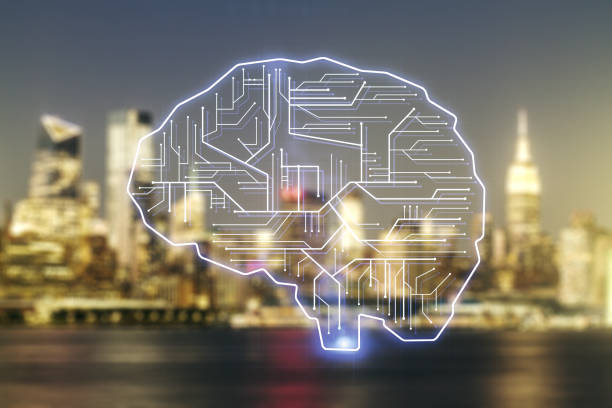 istock Double exposure of creative human brain microcircuit hologram on blurry office buildings background. Future technology and AI concept 2150644343