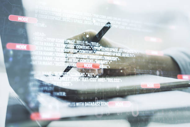 istock Multi exposure of abstract software development hologram and hand writing in notebook on background with laptop, research and analytics concept 2150644572