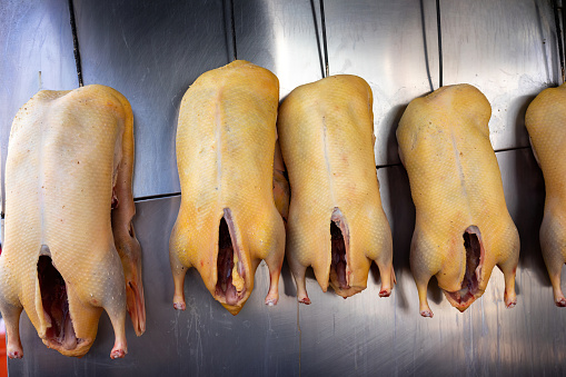 Some dead, plucked, naked ducks hang on hooks in front of a metall wall in a butcher's shop ready for sale.