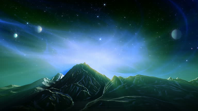 Alien landscape loop. Aurora sky with planets behind snowy mountains. Green.