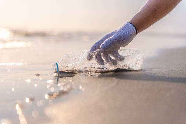 istock Plastic pollution and environmental problem concept. Close up of male volunteer hand with collecting plastic bottle on the beach. Greening the planet. Recycle reduce and reuse concept. 2150649312
