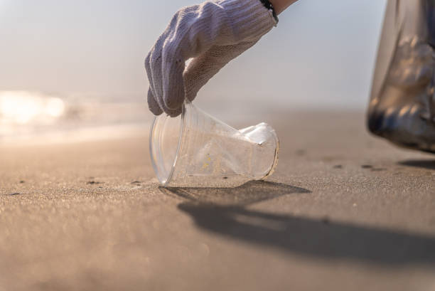 istock Plastic pollution and environmental problem concept. Close up of male volunteer hand with collecting plastic cup on the beach. Greening the planet. Recycle reduce and reuse concept. 2150649315