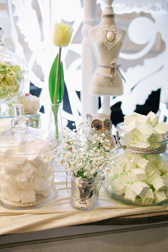 Wedding candy bar with white flowers in rustic style