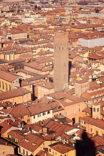 A vertical image showing a medieval tower in Bologna city center. The view includes surrounding buildings, tightly grouped rooftops, and a historic cityscape