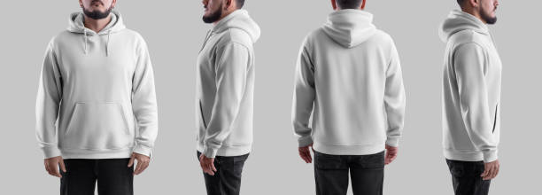 istock Mockup of white oversized hoodie on bearded guy in jeans, isolated on background, front, side, back view. Set 2150652216