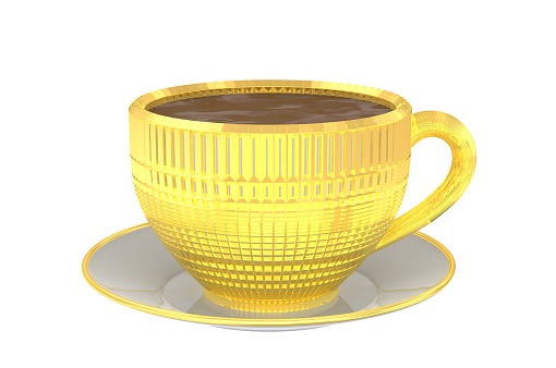 Gold cup and saucer isolated on white background. 3D illustration