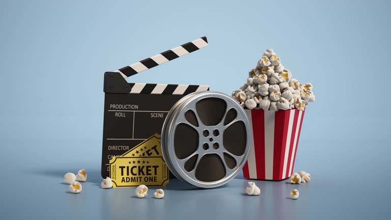 Loopable 3D Animation of Classic Movie Night Essentials With Clapperboard, Popcorn, and Film Reel on Blue Background