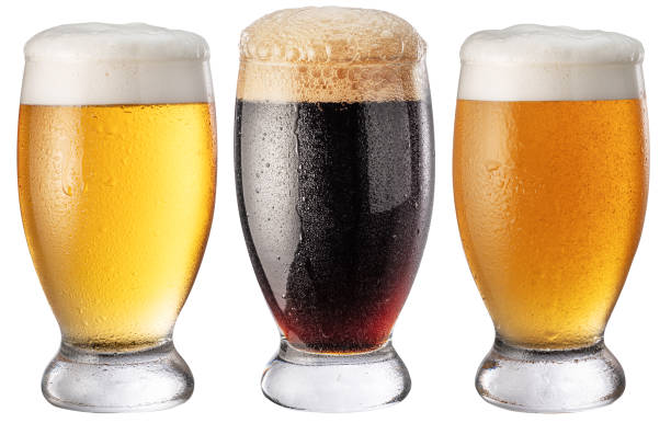 istock Three glass of different chilled beer on white background. Clipping paths. 2150652424