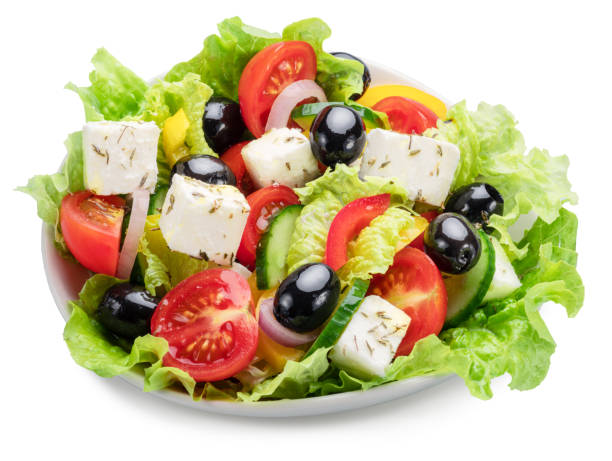 istock Greek salad  close up on white abcground. File contains clipping path. Flat lay or top view. 2150652441
