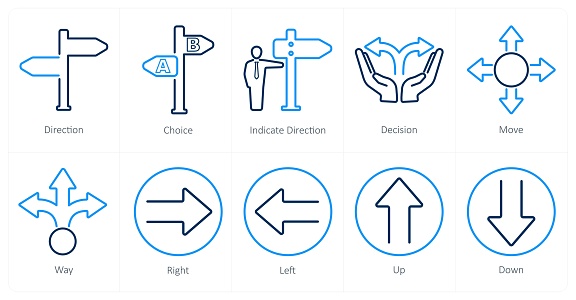 These are beautiful handcrafted pixel perfect black and blue line direction icons