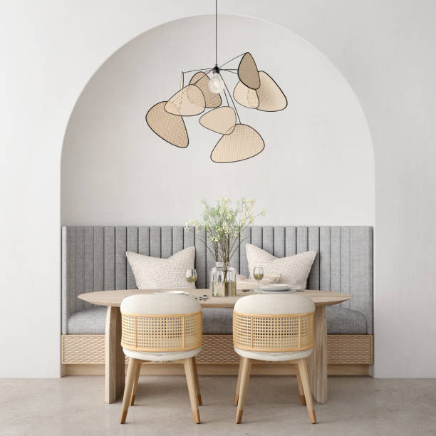 Boho style dining room with wicker furniture .3d rendering
