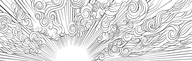 A sky with sunrise, sun rise, and clouds illustration background in an abstract vintage woodcut or engraved linocut etched style.