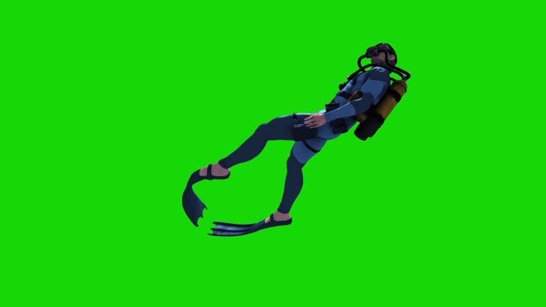 Diver Lateral Swimcycle Scuba Diving Cylinders Down Green Screen 3D Rendering Animation