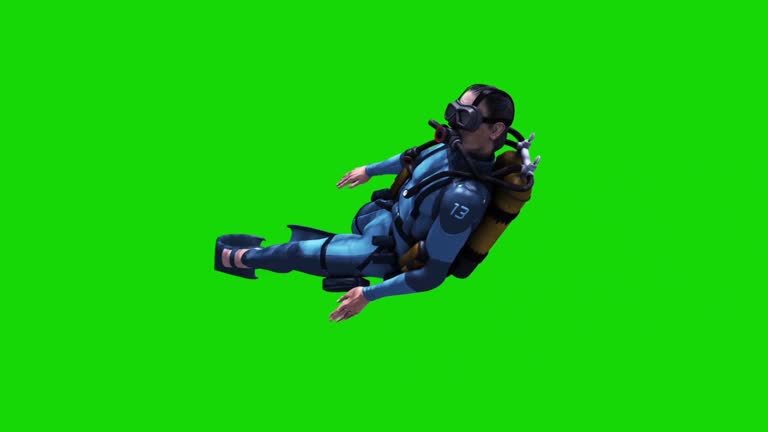 Diver Lateral Swimcycle Scuba Diving Cylinders Green Screen 3D Rendering Animation