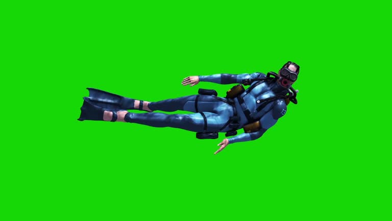 Diver Lateral Swimcycle Scuba Diving Cylinders Side Green Screen 3D Rendering Animation